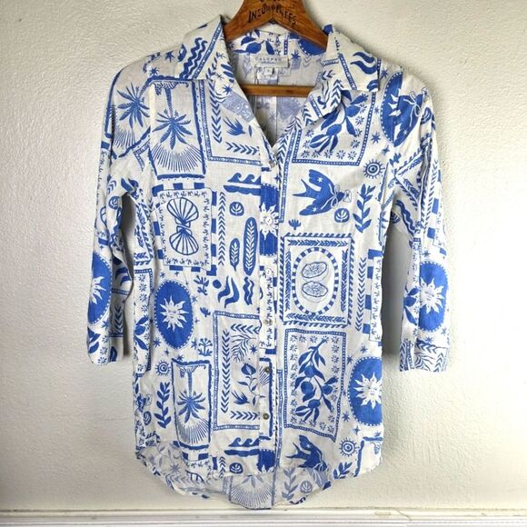 Calypso St. Barth Tops - Women's Calyspo Blue and White Graphic Linen Blend Button-Up Shirt Sizs Small